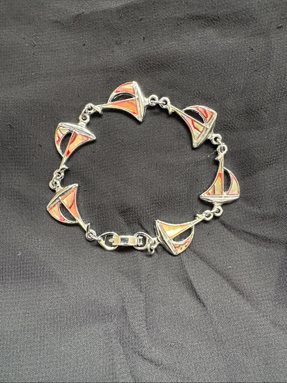 Silver Sailboat Charm Bracelet with Orange-Red Sails